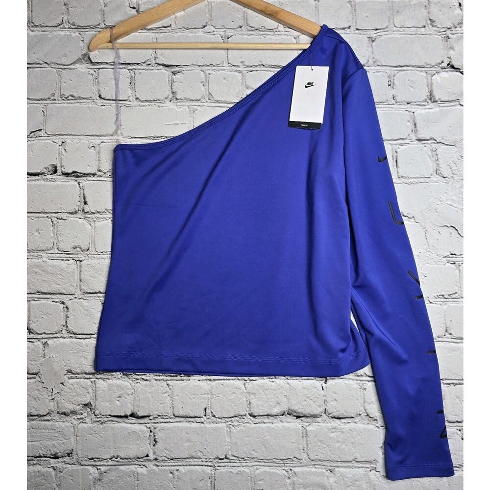 Nike Sportswear Womens Asymmetrical Long Sleeve Top Blue Logo Sleeve New Size XL